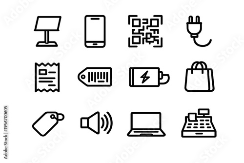 Set of minimalist line icons for e-commerce and retail business including shopping bag cash register and digital payment symbols