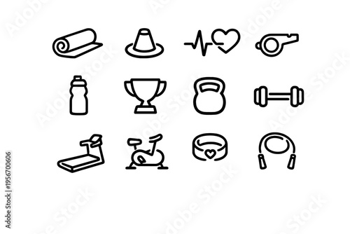 Fitness and gym equipment line icon set featuring dumbbell kettlebell treadmill stationary bike yoga mat water bottle and trophy