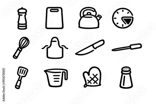 Set of hand drawn kitchen utensils and cooking equipment icons including knife whisk spatula and kettle on white background