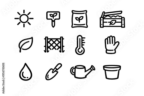 Gardening and farming equipment icons featuring watering can trowel flower pot seed bag and sun for agricultural and horticultural design