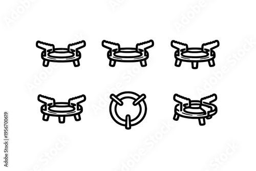 Set of gas stove burner pot stands and kitchen appliance accessories for cooking equipment on white background