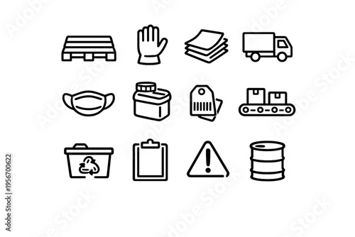 Logistics and warehouse management icons including delivery truck pallet conveyor belt and safety equipment for industrial supply chain