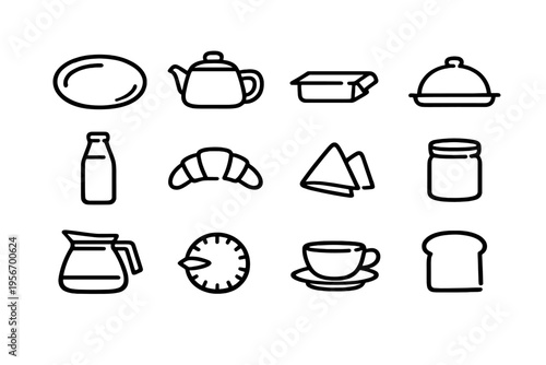 Minimalist breakfast and kitchen line icons set including teapot croissant coffee cup milk bottle bread and kitchenware on white background
