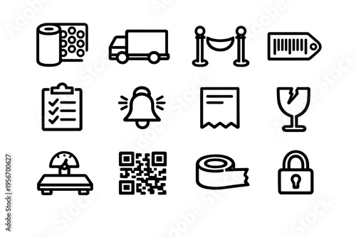 Logistics and shipping line icon set featuring delivery truck barcode checklist fragile glass and warehouse equipment symbols on white