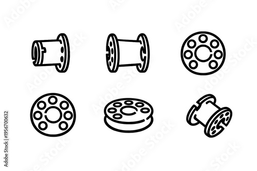 Set of sewing machine bobbin icons in various perspectives for tailoring and dressmaking projects on a white background