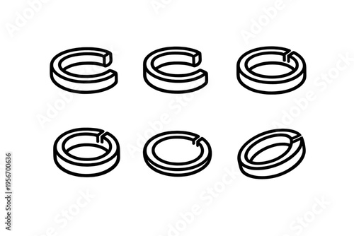 Industrial split lock washer icons in various isometric perspectives for technical documentation and hardware assembly
