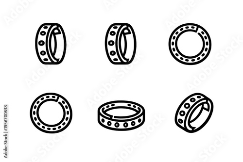 Set of industrial ball bearing icons in various angles and perspectives for mechanical engineering and manufacturing design