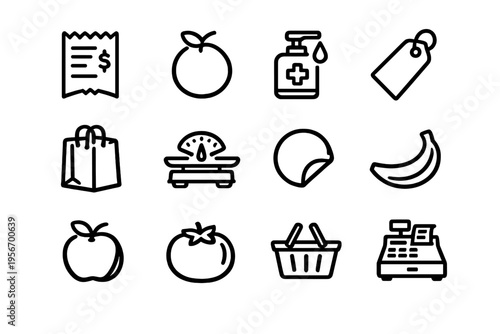 Set of grocery store and supermarket retail icons including food items shopping basket cash register receipt and produce scales on white