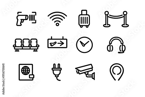 Set of airport and travel line icons including luggage passport security camera and terminal seating on white background