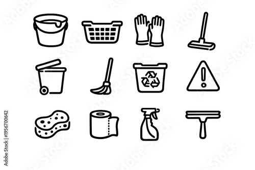 Collection of cleaning and sanitation icons including bucket mop broom trash can and recycling bin for household chores and maintenance