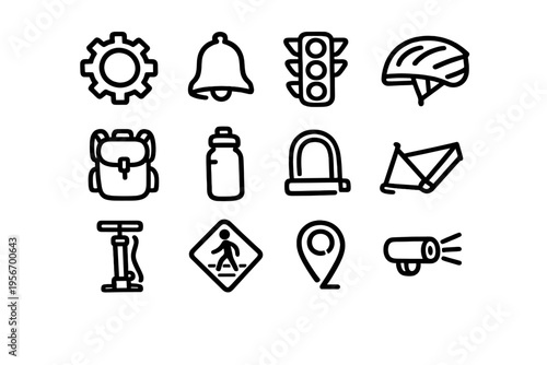 Set of cycling and bicycle equipment icons including helmet gear bell traffic light backpack water bottle lock pump and safety signs