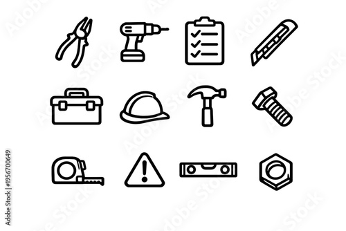 Construction and home improvement hand tools line icon set including hammer drill hard hat and toolbox on white background