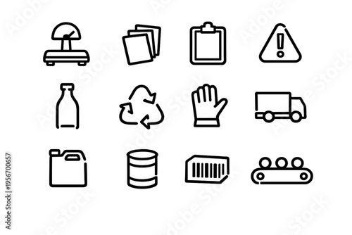 Set of logistics and industrial icons including recycling symbol truck scale and safety equipment for warehouse management and shipping