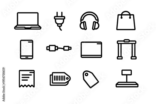 Collection of black and white line icons representing electronics shopping and retail technology equipment on a white background
