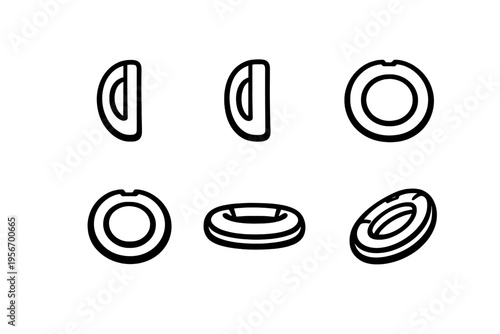 Minimalist black and white line icons of a torus ring shape from multiple perspectives including top side and isometric views