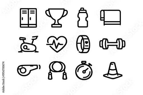 Set of fitness and gym equipment icons including dumbbell trophy stopwatch and exercise bike for sports training and healthy lifestyle