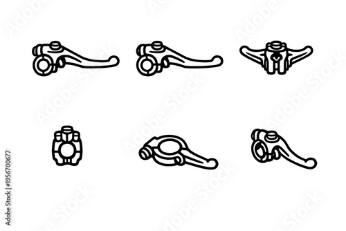 Set of bicycle brake lever icons from various perspectives including side front and top views on white background