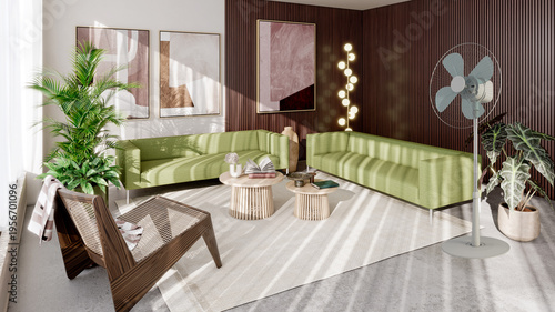 Large illustration 3D rendering luxury modern bright interiors Living room mockup with Couch and floor Fan Ventilation
