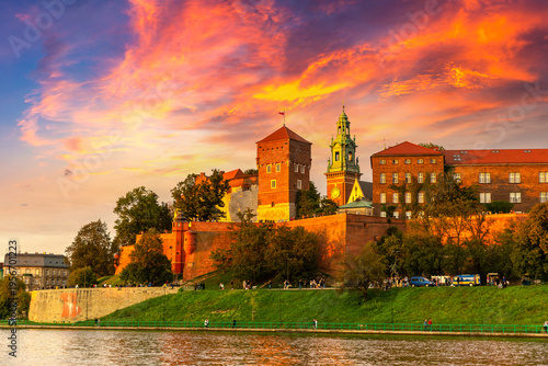 Royal wawel castle in Krakow at sunset