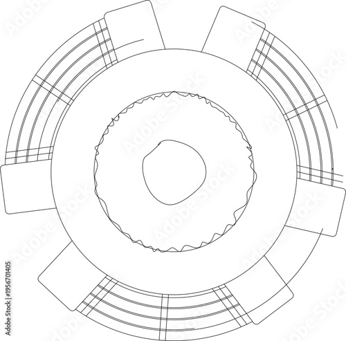 Technical architectural plan view showing circular pavilion or fountain structure with concentric rings, radial seating or supports and central water feature.
