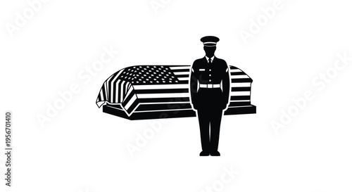 Vector illustration of a military officer standing beside a draped casket