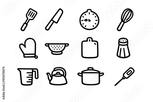 Kitchen utensils and cooking tools icons including spatula knife timer whisk oven mitt colander cutting board salt shaker measuring cup