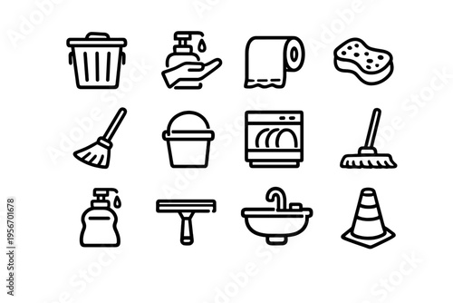 Set of cleaning and hygiene icons featuring a trash can broom mop bucket soap dispenser sponge and sink on white background