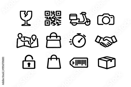 Collection of minimalist black line icons representing e-commerce logistics delivery services and business transactions on white background