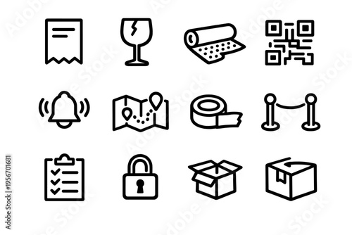 Logistics and shipping line icon set featuring delivery box fragile glass qr code map and checklist symbols for business and transport