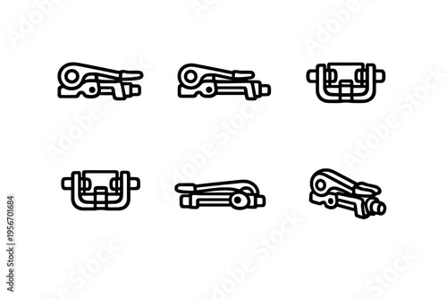 Set of mechanical toggle latch icons for industrial fastening and securing equipment in various angles and perspectives