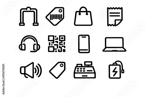 Set of retail and technology line icons including shopping bag cash register barcode and electronic devices for business commerce