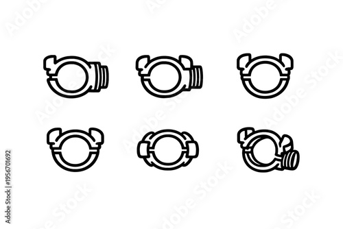 Set of industrial air hose coupling icons for pneumatic systems and pipe connection hardware isolated on white background