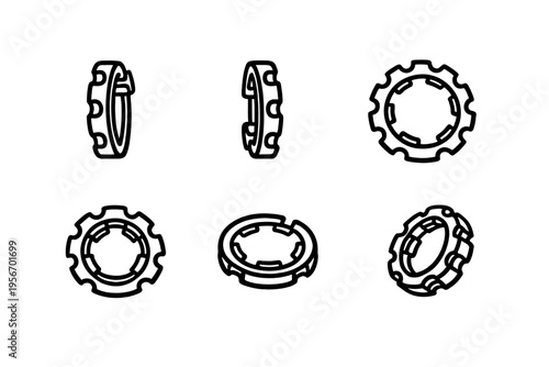 Black and white mechanical gear wheel icons in multiple angles including front side and isometric views