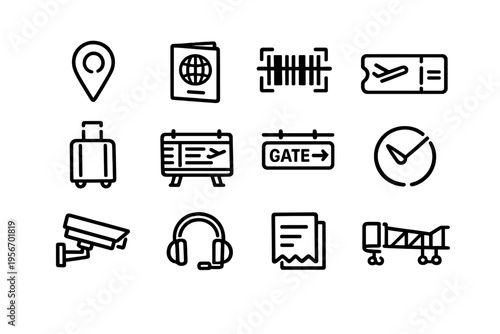 Set of airport and travel icons including passport suitcase ticket gate sign security camera and boarding bridge on white background