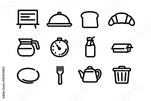 Minimalist black line icons for restaurant and kitchen equipment including food items and cooking tools on white background