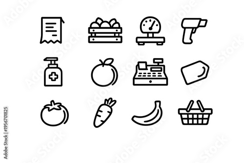 Grocery store and retail shopping line icons set including fresh produce fruits vegetables cash register and shopping basket on white