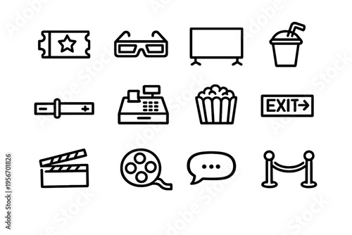 Collection of minimalist movie theater icons including popcorn film reel clapperboard ticket and 3D glasses