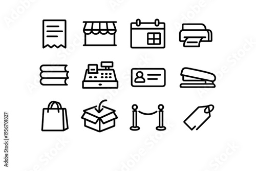 Set of retail and business line icons including shopping bag cash register price tag and delivery box on white background