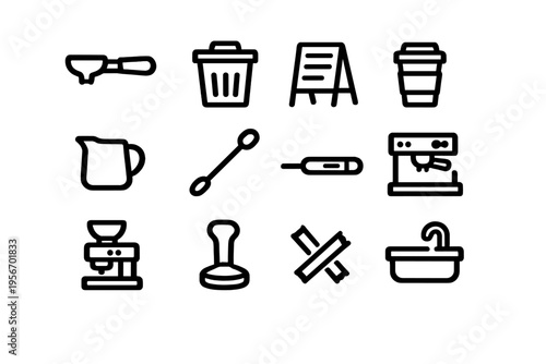 Minimalist coffee shop equipment and barista tools icon set featuring espresso machine grinder tamper and milk pitcher on white background