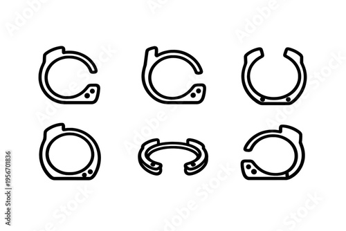 Set of industrial mechanical retaining rings and circlip icons for engineering and hardware design projects on white background