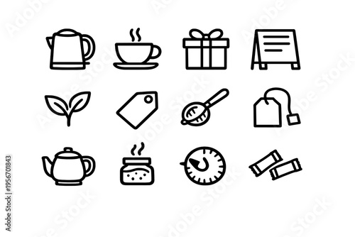 Collection of tea and cafe line icons including teapot kettle cup tea bag strainer and sugar packets on white background