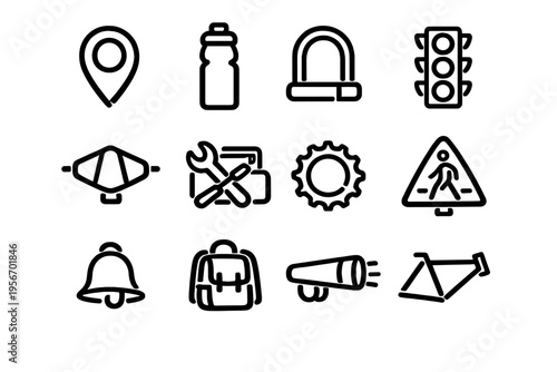 Collection of bicycle equipment and cycling safety icons featuring lock water bottle tools and traffic light symbols