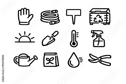 Set of gardening and horticulture line icons featuring tools like watering can trowel pruning shears and compost bin on white background