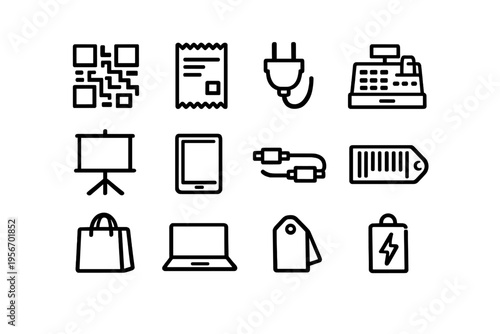Set of retail and technology line icons including QR code receipt cash register laptop shopping bag and price tag for business commerce
