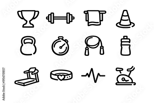 Fitness and gym equipment line icon set featuring barbell kettlebell stopwatch treadmill and stationary bike on white background