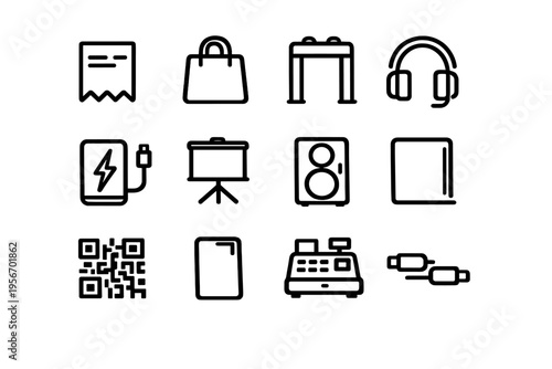 Collection of retail and technology line icons including shopping bag cash register headphones and qr code on white background