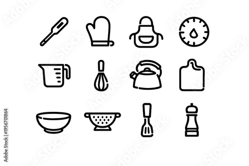 Minimalist kitchen tool icons including whisk kettle apron and oven mitt for cooking and baking concepts