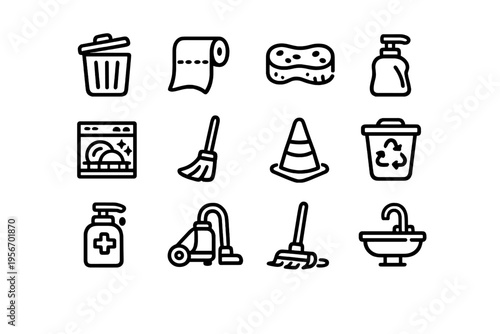 Set of cleaning and hygiene line icons featuring household maintenance tools like broom vacuum cleaner and soap dispenser on white
