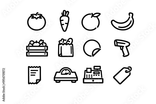 Grocery store and supermarket retail icons featuring fresh produce fruits vegetables cash register barcode scanner and price tags on white