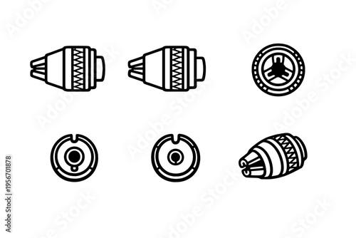 Professional drill chuck icons for power tools and hardware equipment showing side front and perspective views